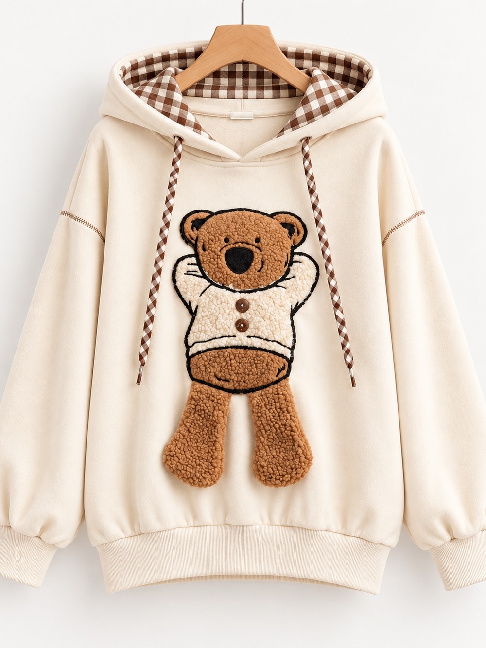 easel Cream Hoodie Sweater with Brown Teddy Appliqué